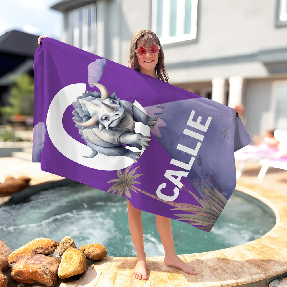 Personalized Cute Dinosaur Quick Dry Oversized Beach Towel with Name and Initial Travel Essential Summer Vacation Birthday Gift for Kids