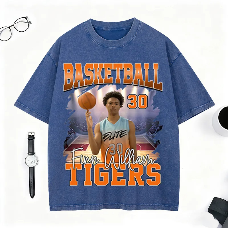 Personalized Basketball Washed T-Shirt Featuring Custom Photo and Team Design