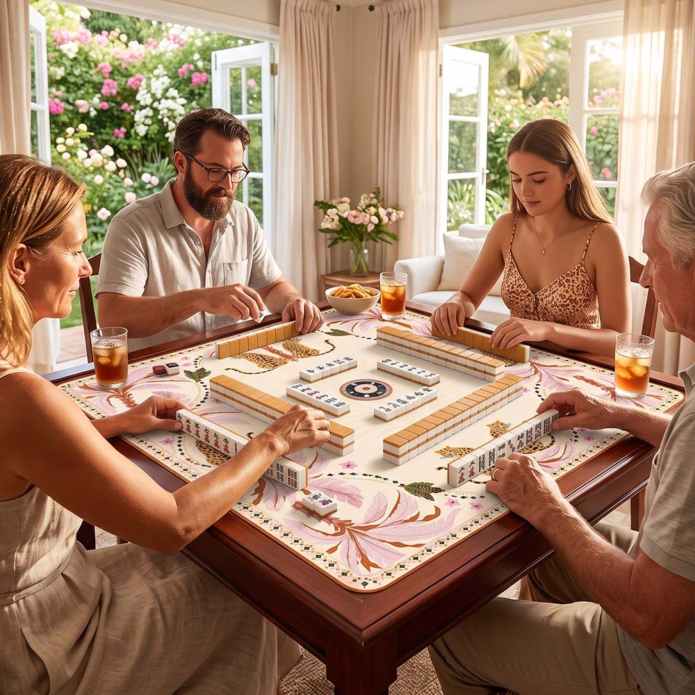 Pink Palm Tree Leopard Mahjong Mat Grandmillennial Safari Game Cover