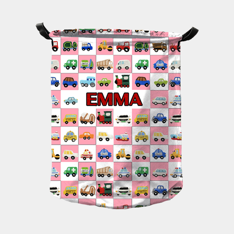 Personalized Cute Car Plaid Print Large Waterproof Laundry Storage Basket with Handle Custom Name Gift for Kids