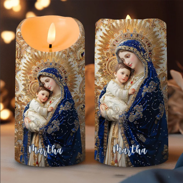 Personalized Virgin Mary and Baby Jesus LED Candle with Name Christian Home Decor Blessed Mother Candle Religious Prayer Candle Catholic Gift for Her
