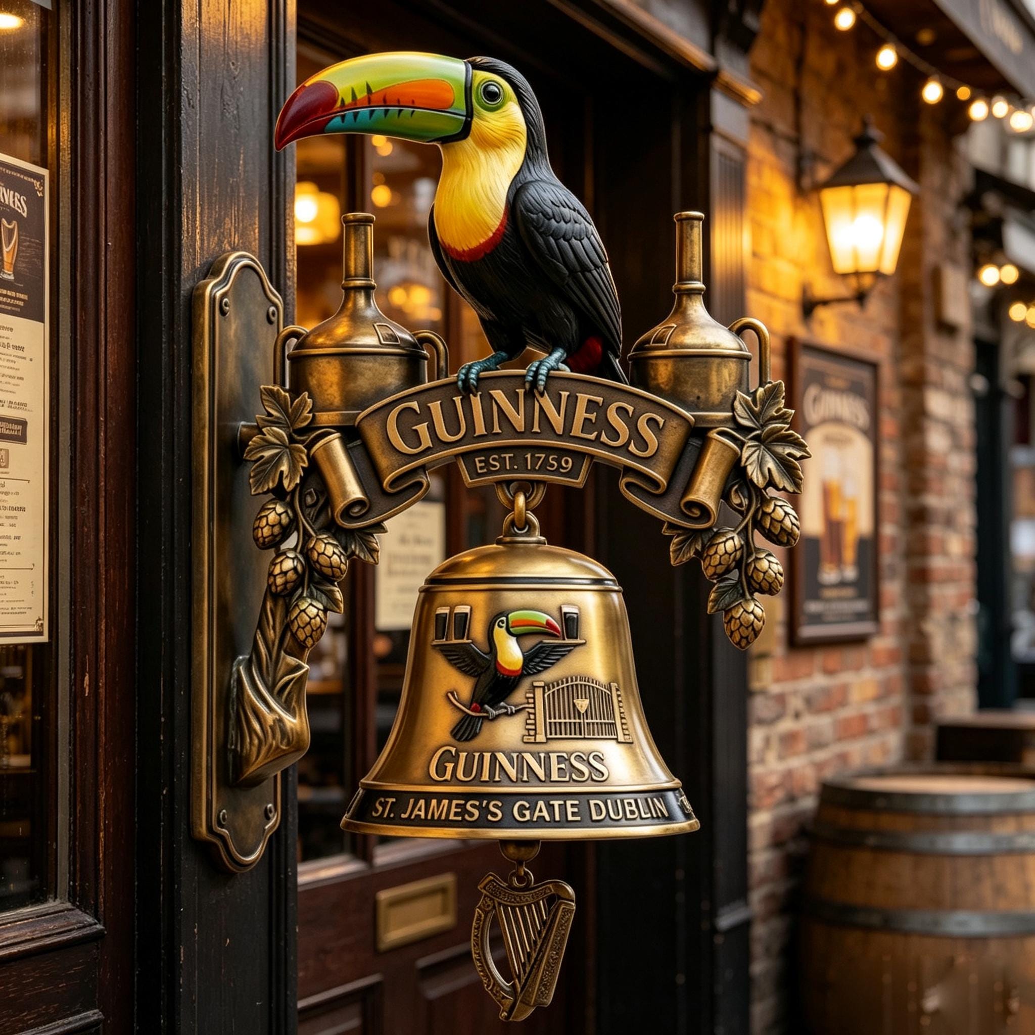 Guinness Toucan Doorbell Wall Bell Vintage Pub Style Hanging Door Chime Tropical Bird Decor Rustic Entryway Accent