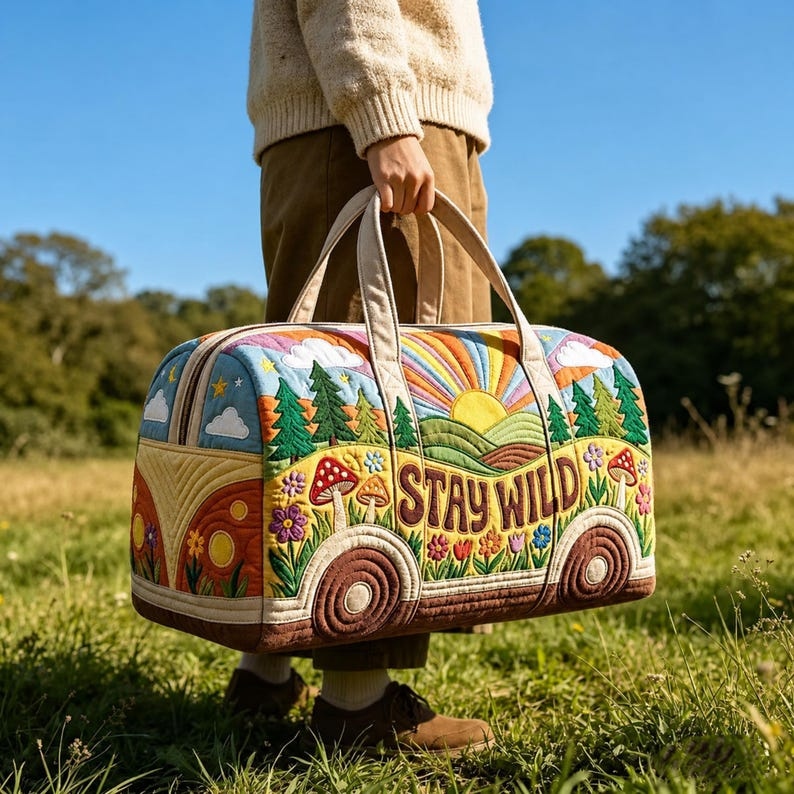 Stay Wild Custom Quilted Duffel Bag – Boho Camper Weekend Tote for Free Spirits
