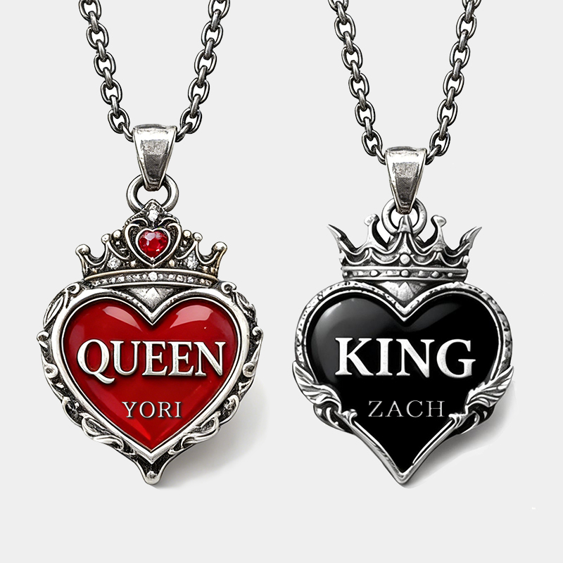 Personalized Couple Necklaces Vintage Royal Crown Heart King & Queen Engravable Name for Romantic Couples and Anniversary Celebrants