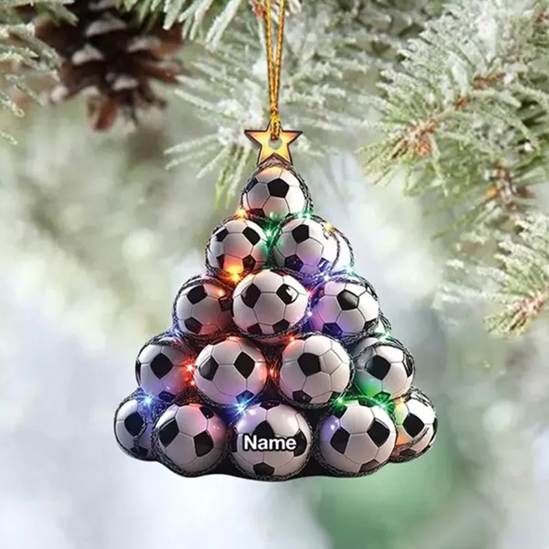 Personalized Soccer Ball Acrylic Christmas Tree Ornament with Custom Name and Festive Lights Design