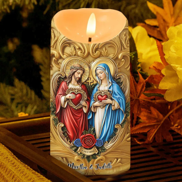 Personalized Eternal Hearts of Heaven Flameless LED Candle with Name Catholic Religious Decor Sacred Heart of Jesus and Virgin Mary Prayer Faith Gift