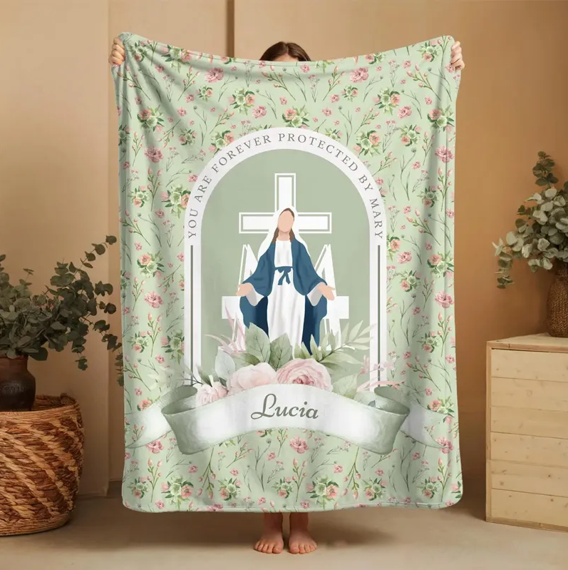 Personalized you are Forever Protected by Mary Floral Throw Blanket with Name Home Decor Religious Gift Catholic Gift for Women Sale-megacustom