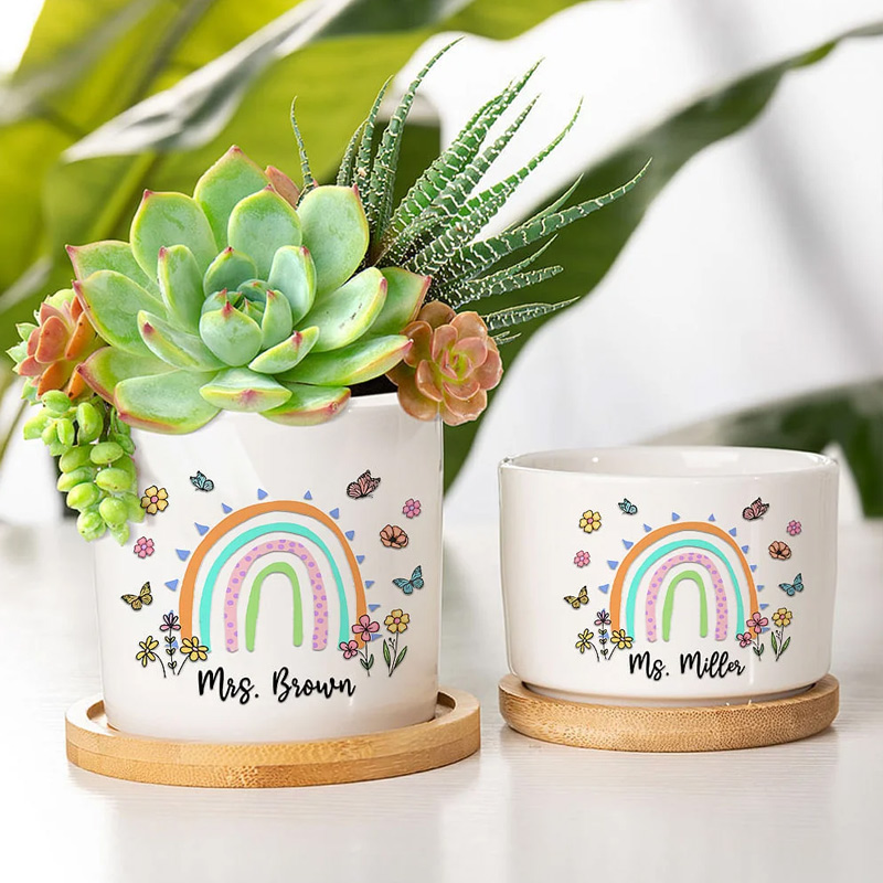 Personalized Thank You for Helping Me Grow Rainbow Butterflies Ceramic Plant Pot with Bamboo Base and Name Appreciation Gift for Teacher