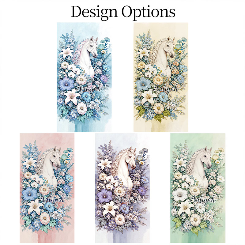 Personalized Beach Towel White Horse and Flowers Beach Towel with Name Gift for Equestrian Lovers