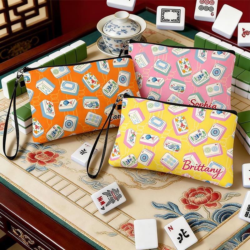 Personalized Mahjong Name Linen Handbag with Zipper and Wrist Strap Gift for Mahjong Lovers