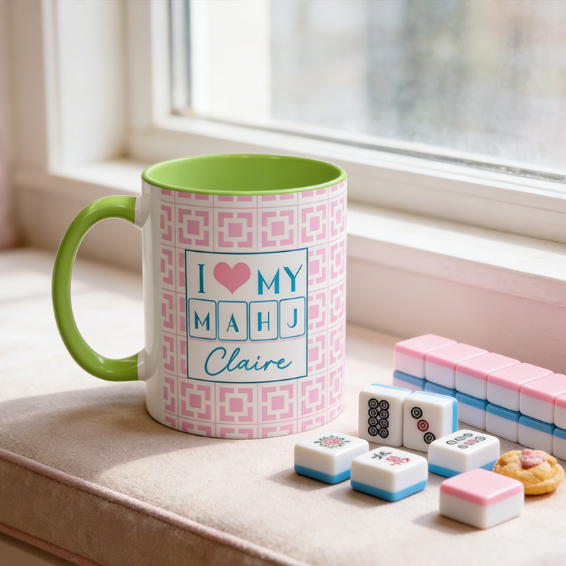 Personalized Mahjong Mug I Love My Mahj Pink & Green Mug Gift for Mahjong Enthusiast