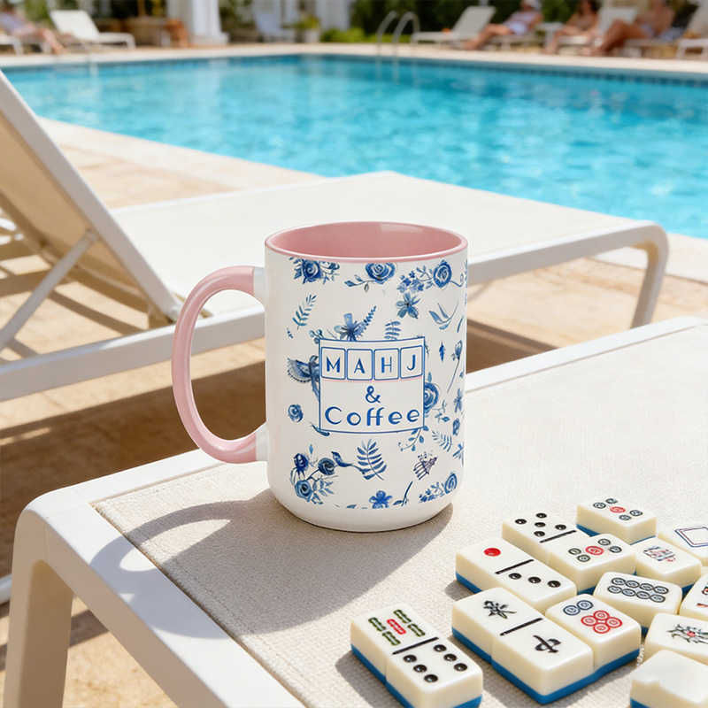 15 oz Mahjong Mug Blue and White Porcelain with Floral and Bird Motifs Gift for Mahjong Enthusiasts