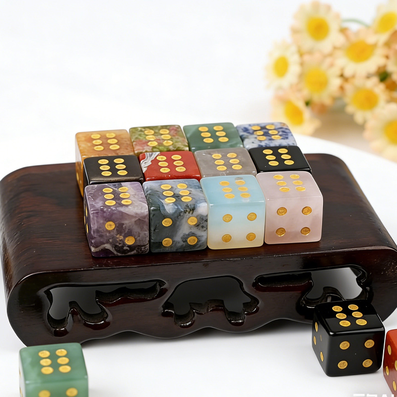 Natural Crystal Mahjong 2 Dice Aquatic Agate Tiger's Eye Dice Semi-Precious Stone Dice Gift for Mahjong Enthusiast