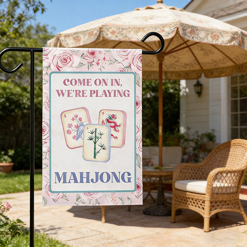 Mahjong Garden Flags Pink Rose Courtyard Decor Mahjong Parties and Gifts for Mahjong Enthusiasts