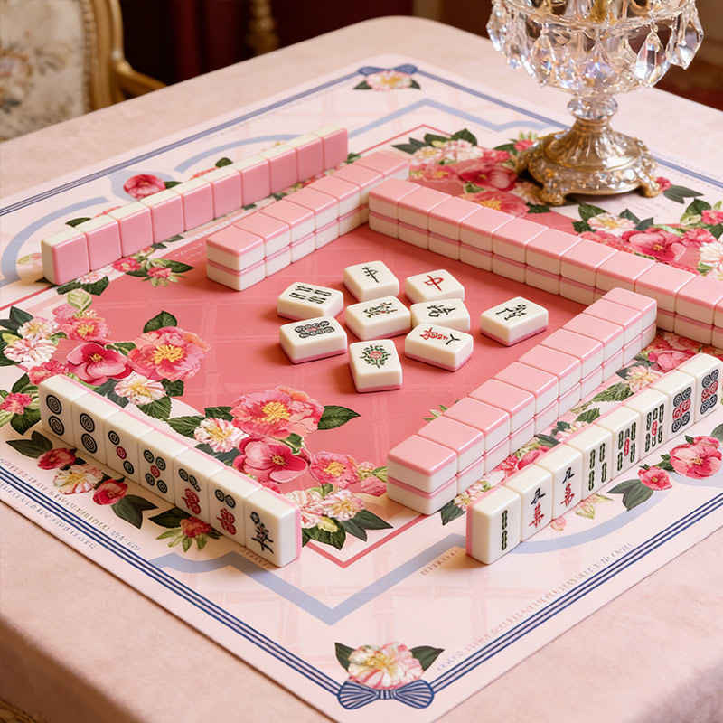 Sweet Pink Camellia and Birds Mahjong Mat Fresh Color-Blocking Non-Slip and Noise-Reducing Gift for Mahjong Enthusiasts