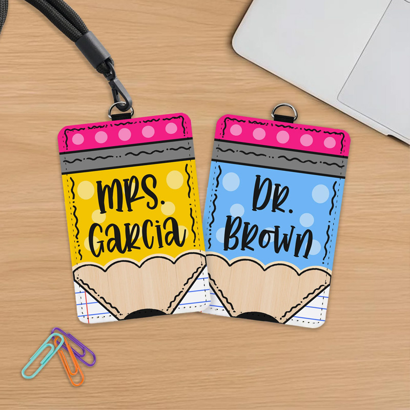 Personalized Polka Dots Pencil Design PU Leather ID Badge Holder with Text Back to School Teacher's Day Appreciation Gift for Teacher