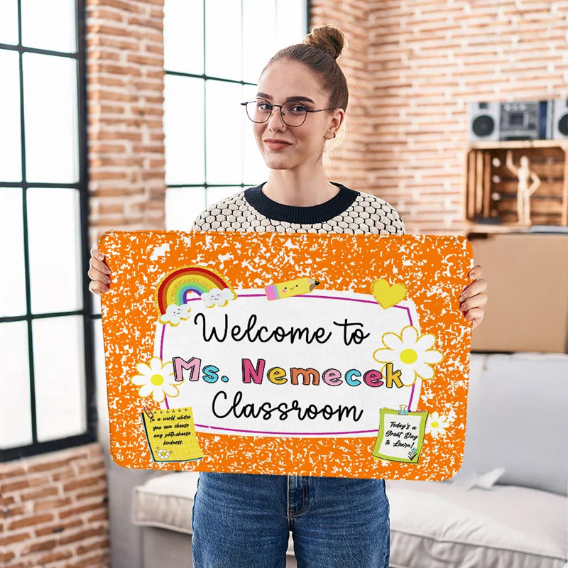 Personalized Multicolor Pencil Rainbow Welcome to Classroom Non-Slip Doormat with Text Teacher's Day Back to School Gift for Teacher