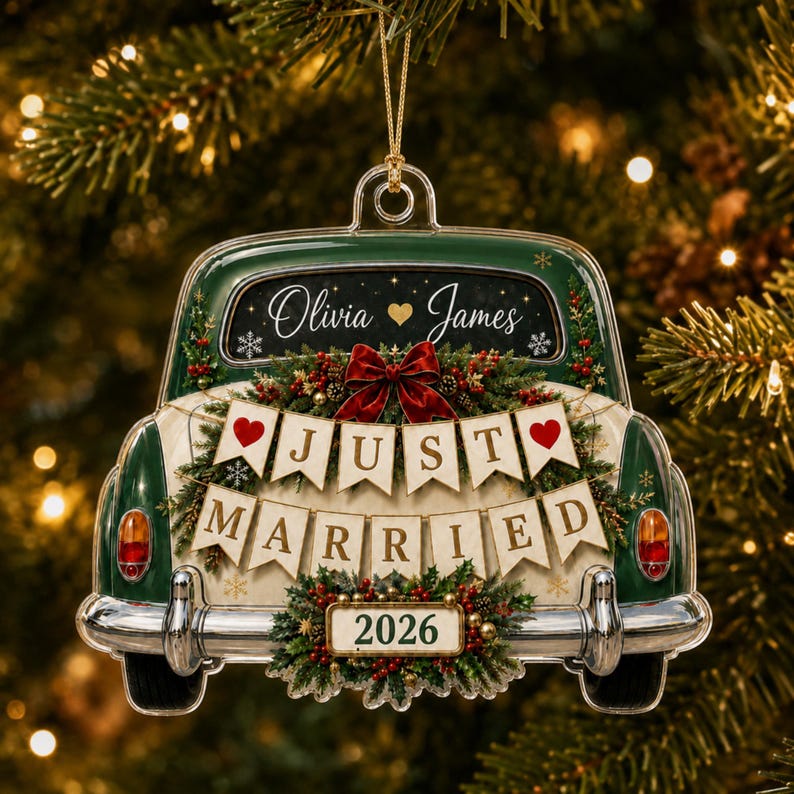 Personalized Just Married Wedding Car Acrylic Ornament 2026, Custom Couple Names Ornament, First Christmas Keepsake, Newlywed Gift