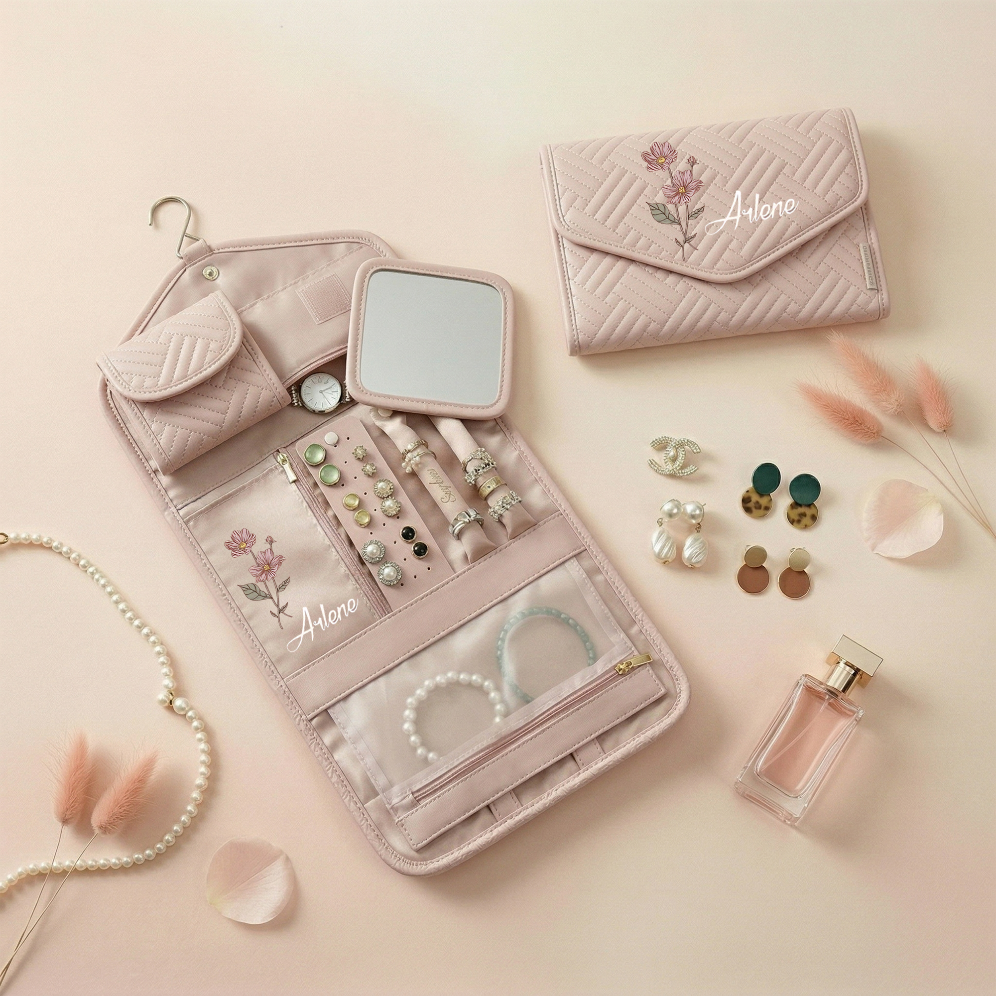 Personalized Jewelry Travel Organizer with Birth Flower and Name Foldable Modular Jewelry Case for Women Custom Gift for Traveler