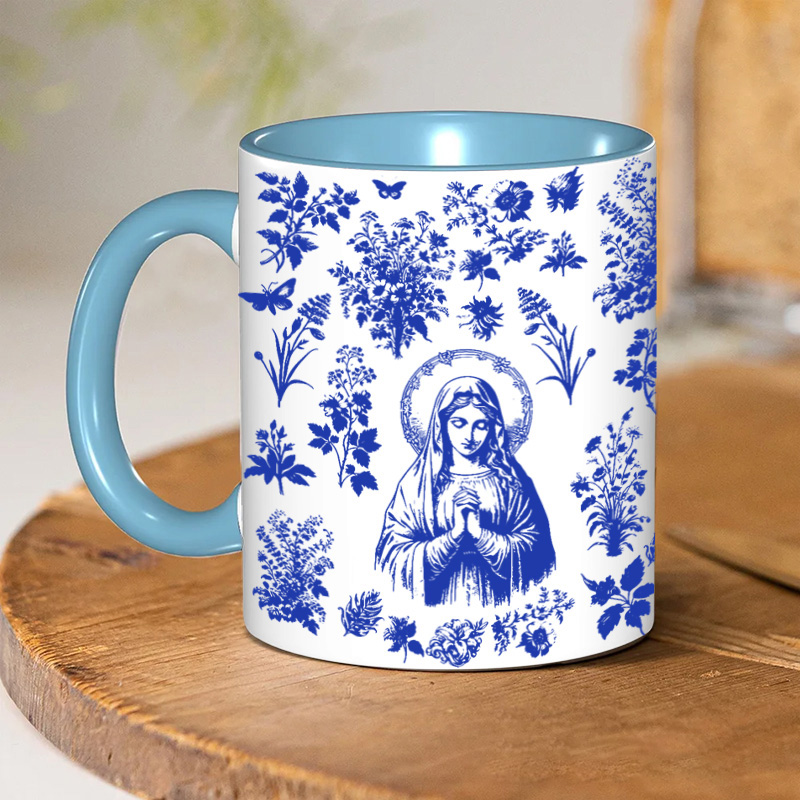 Personalized Catholic Virgin Mary Toile De Jouy 11oz Ceramic Mug with Name Our Lady Coffee Cup Vintage Floral Marian Mug Christian Gift for Women