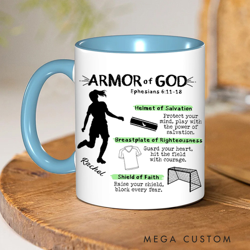 Personalized Armor of God for Soccer Ceramic Mug with Name Religious Inspirational Gift for Christians