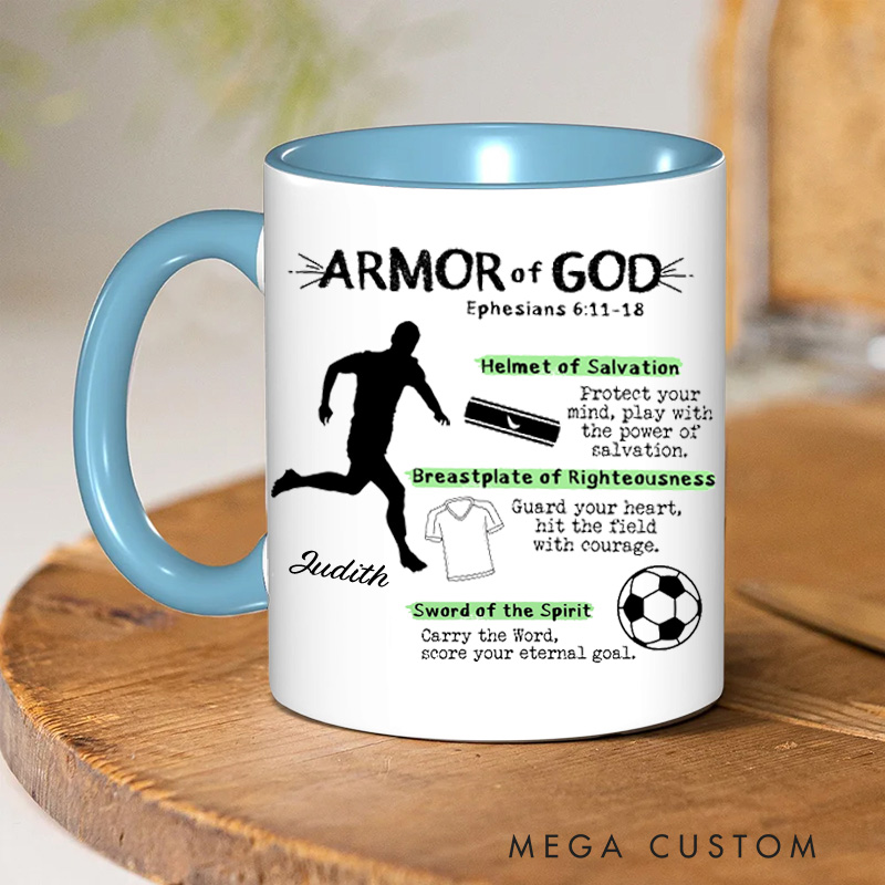 Personalized Armor of God for Soccer Ceramic Mug with Name Religious Inspirational Gift for Christians