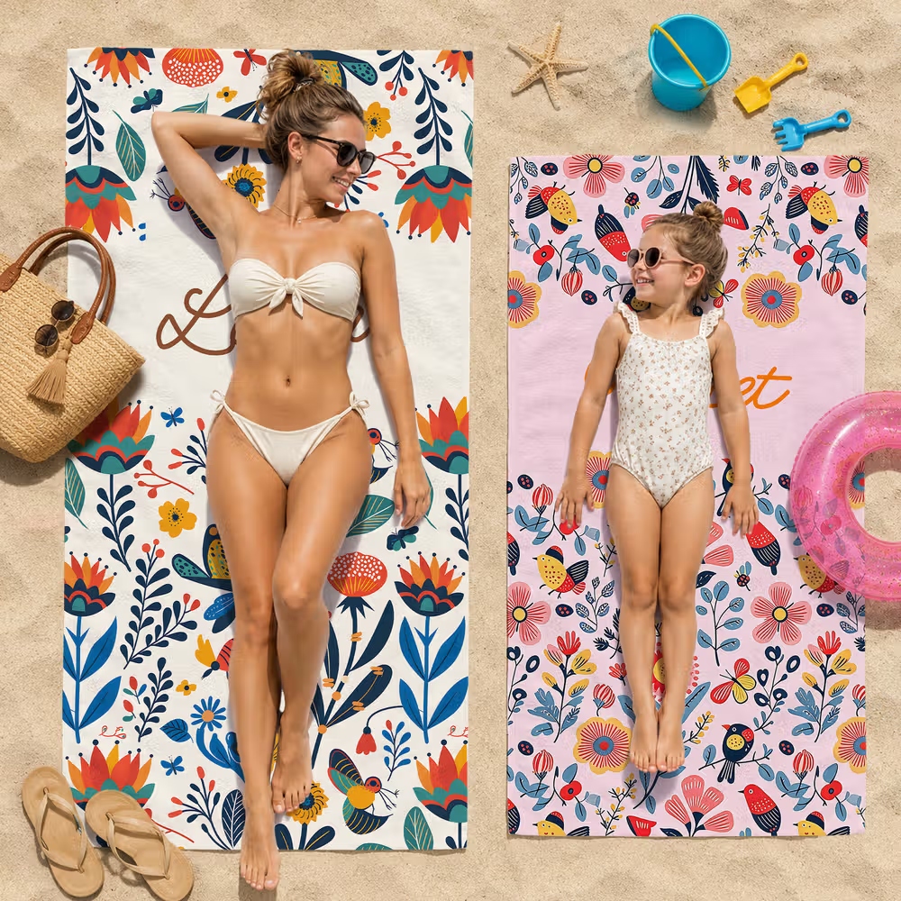 Personalized Floral Beach Towel with Name Custom Summer Gift for Women and Girls