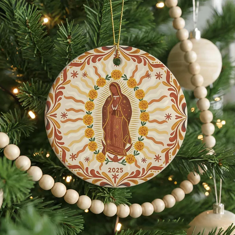 Personalized Our Lady of Guadalupe Marigolds Ceramic Ornament with Year Religious Gift Christmas Home Decor Catholic Gift