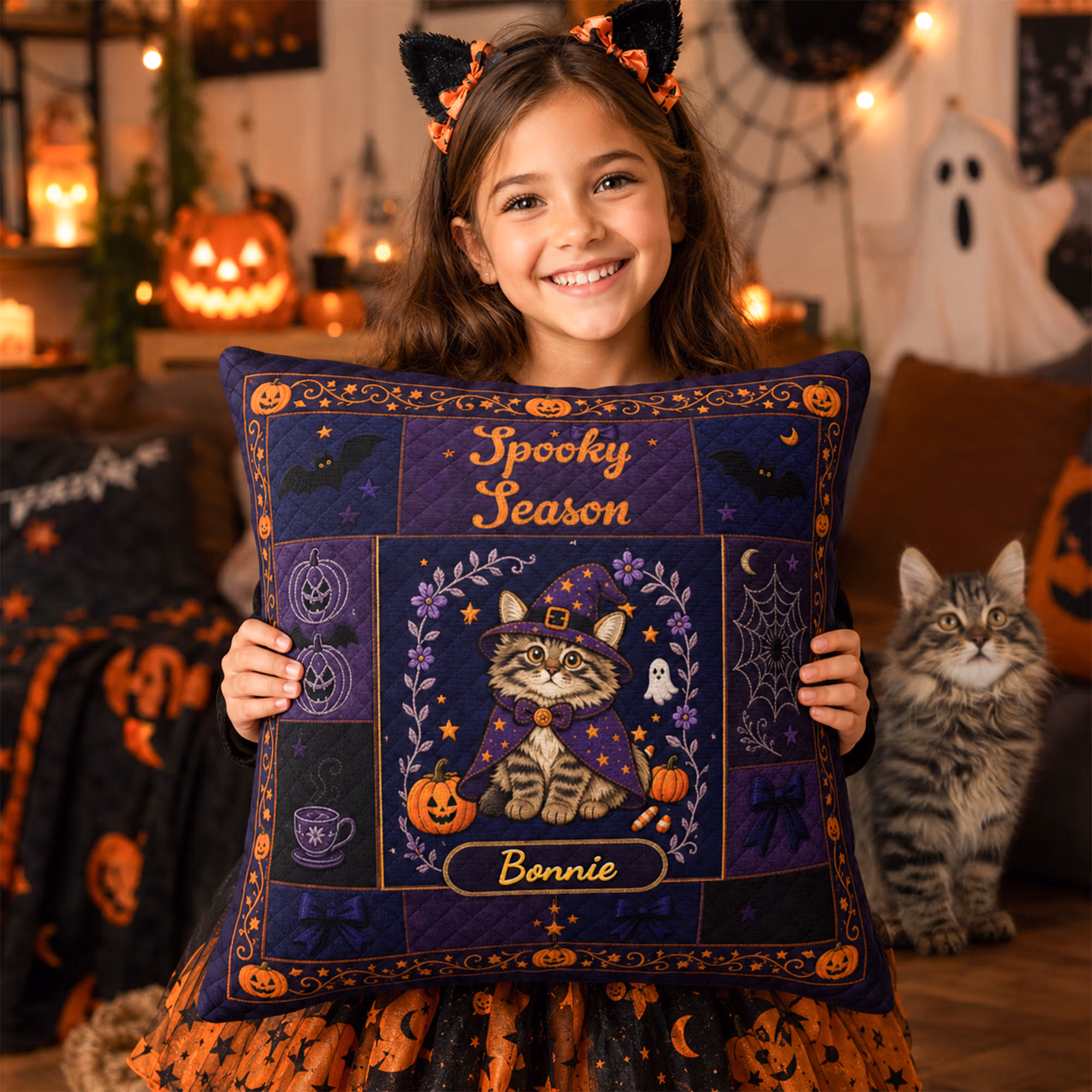 Personalized Photo and Name Retro Cartoon Halloween Pet Witch Throw Pillow Home Decor Halloween Gift for Pet Lovers