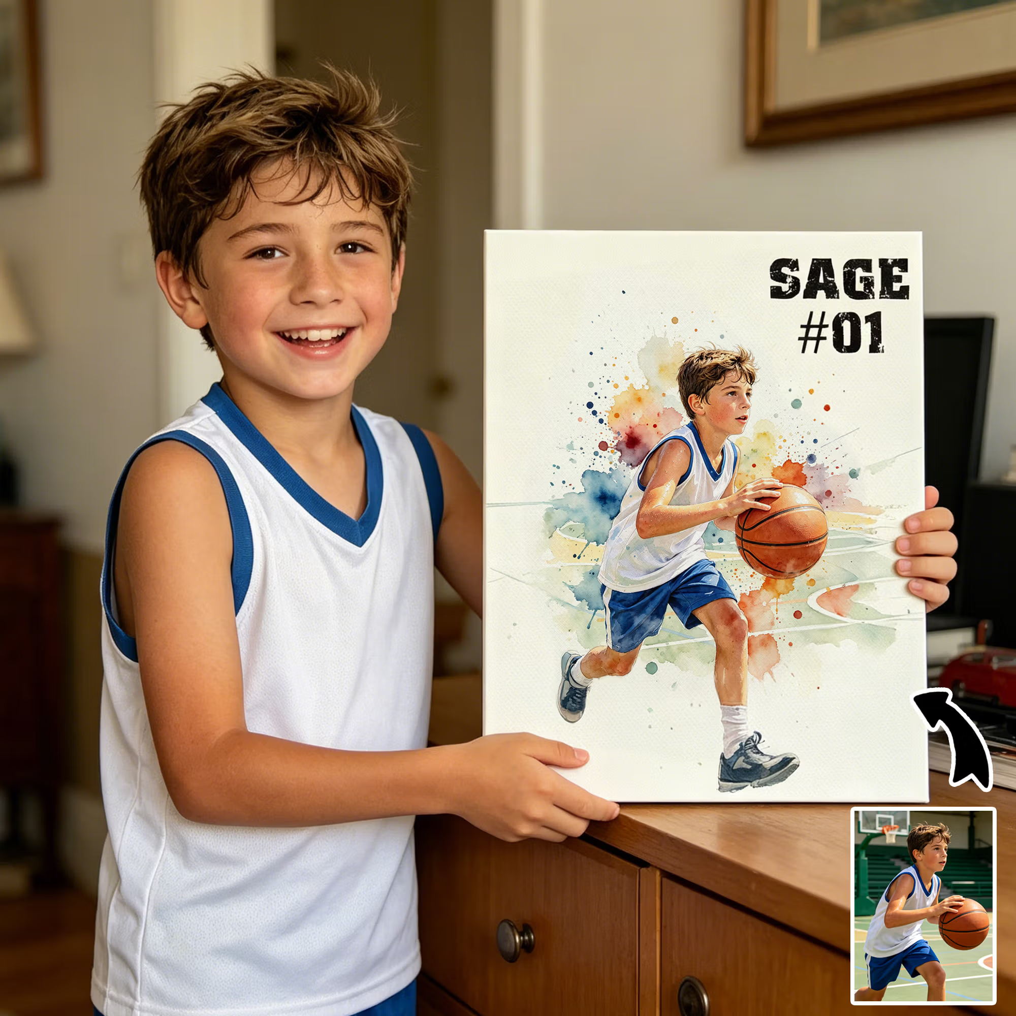 Personalized Watercolor Splatter Paint Player Photo Canvas Prints with Text Wall Decor Birthday Gift for Sports Fan Lover