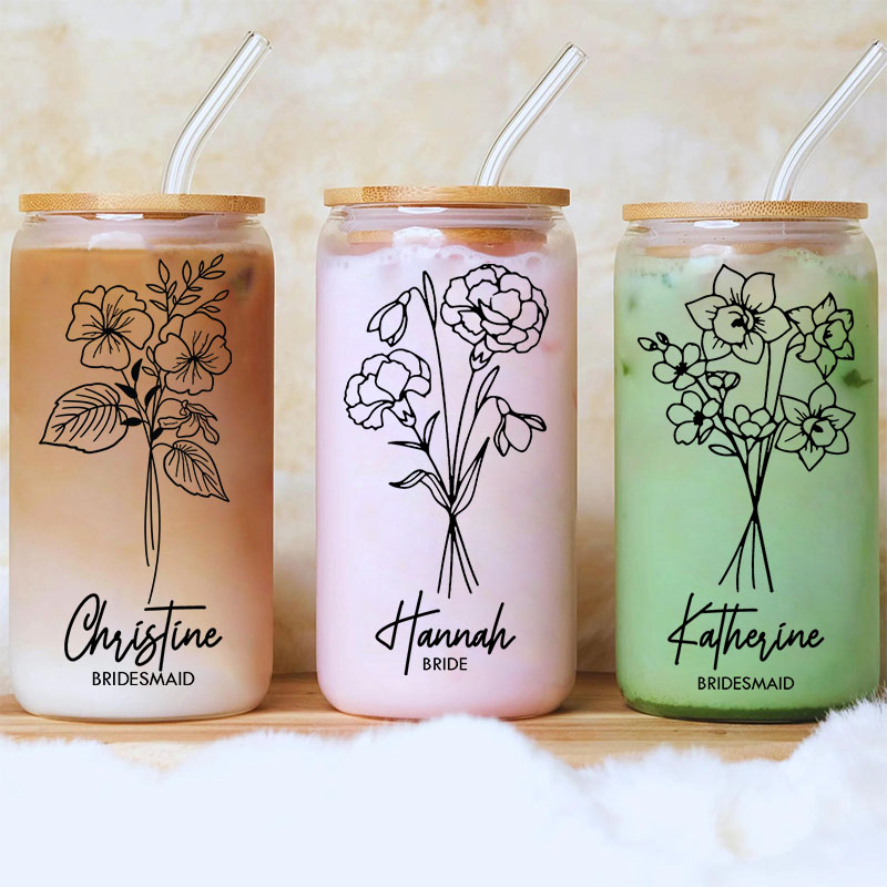 Personalized Stylish Bridesmaid Birth Flower Can Glasses with Lid and Straw Custom Bride Month Flower Coffee Cup Bridal Shower Bachelorette Party Gift