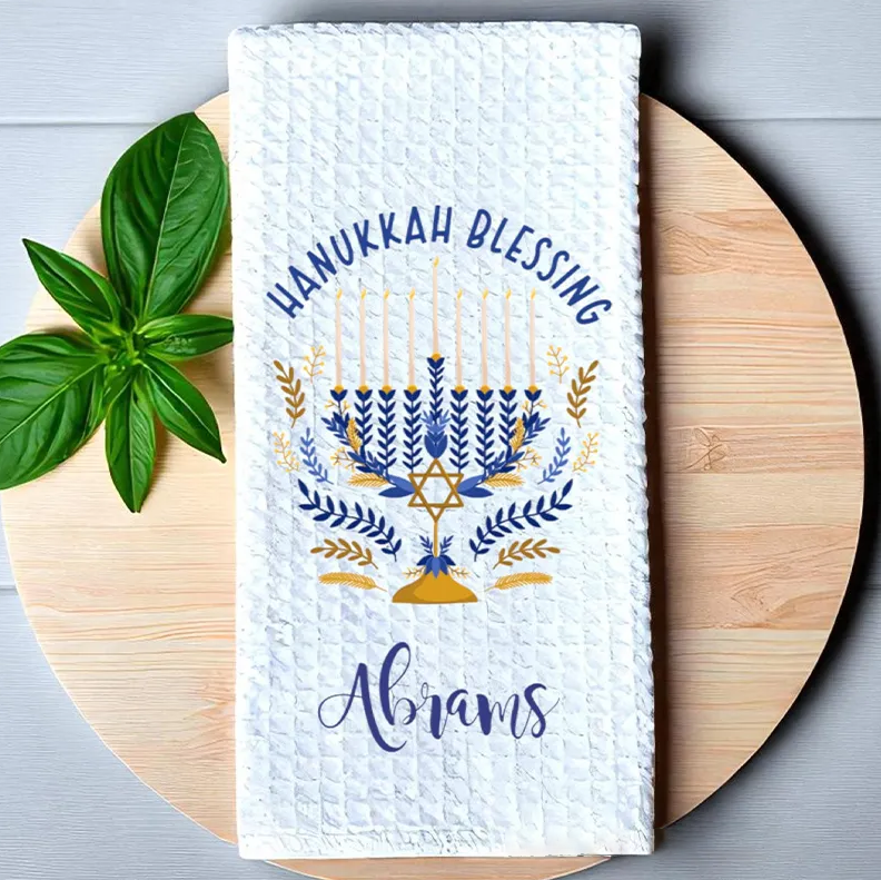 Personalized Hanukkah Blessing Soft Waffle Tea Towel with Name Kitchen Decor Jewish Holiday Menorah Dish Towel Happy Hanukkah Gift for Jewish Family