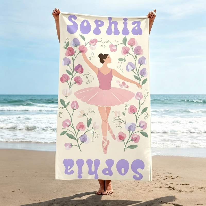 Personalized Multicolor Birth Flower Quick Dry Oversized Beach Towel with Name Summer Vacation Pool Party Gift for Women Dance Lovers Ballet Lovers