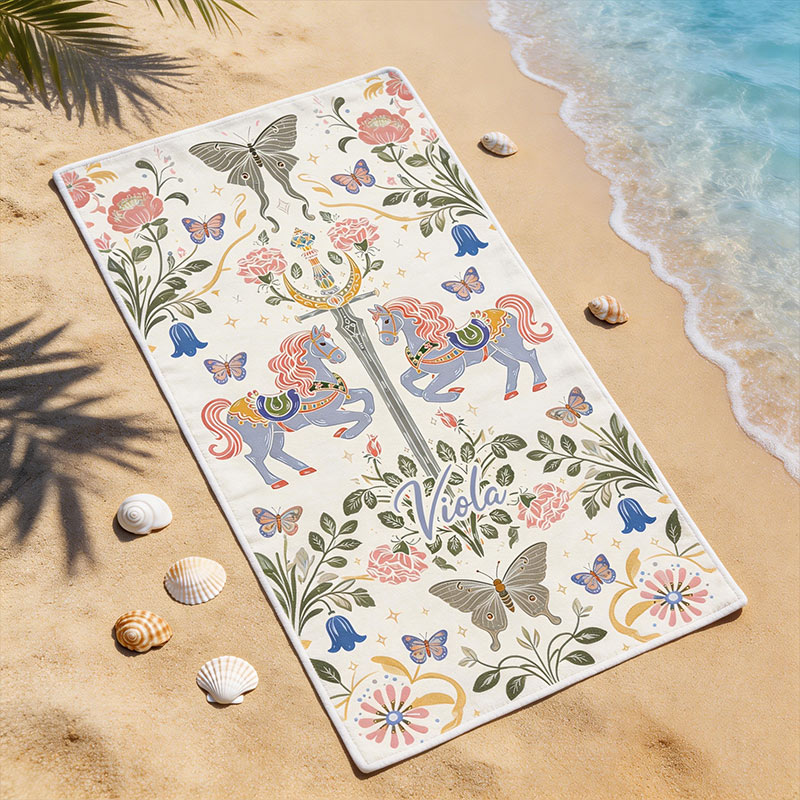 Personalized Enchanted Horse Sword Beach Towel Custom Name Floral Butterfly Towel