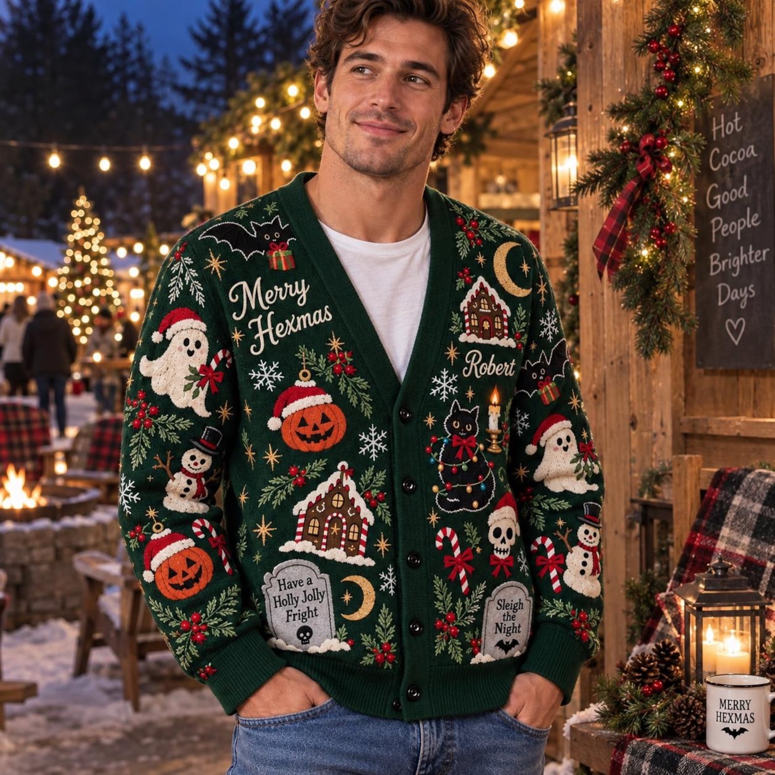 Personalized Spooky Christmas Knitted Cardigan: Custom Name Merry Hexmas Sweater