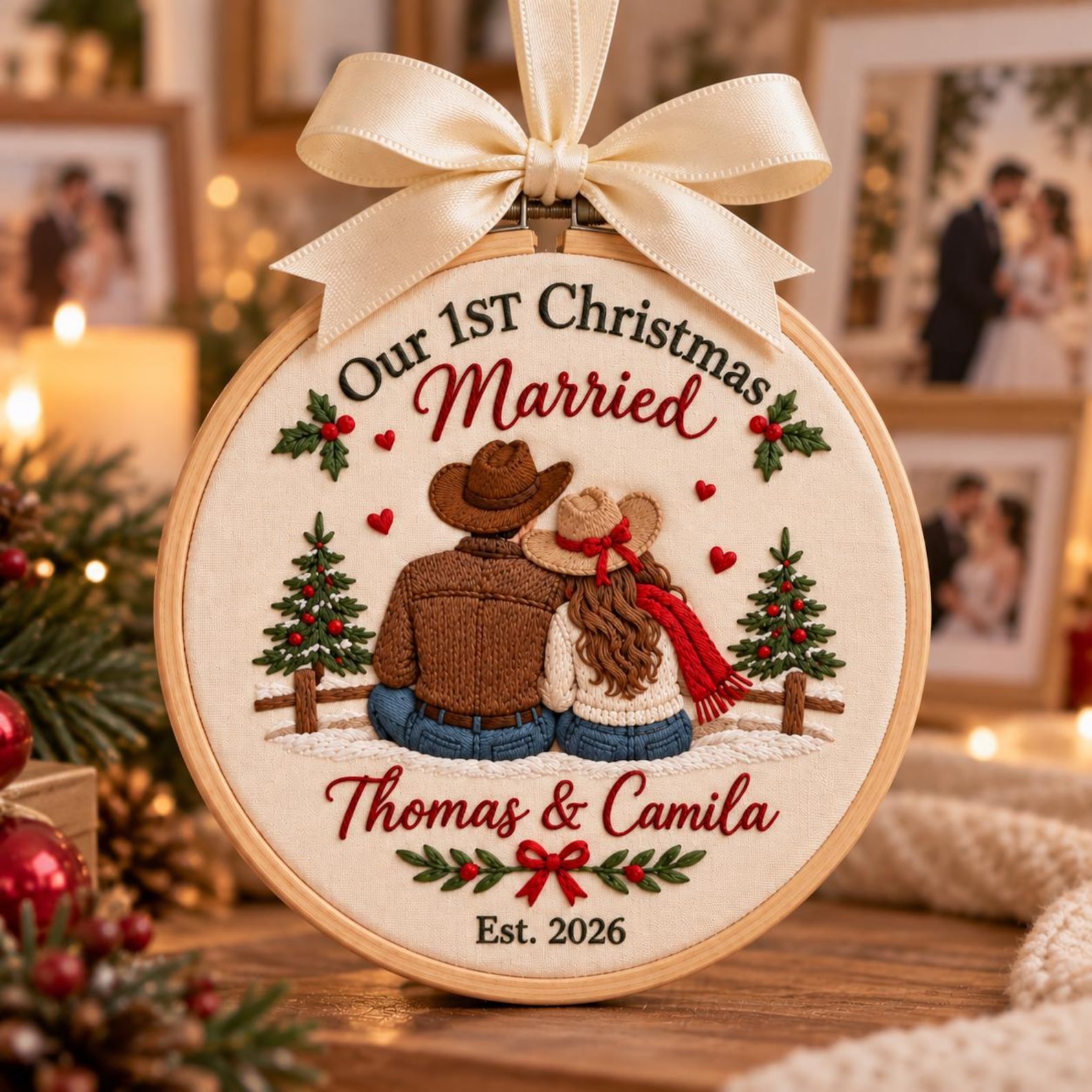 PERSONALIZED EMBROIDERED CHRISTMAS ORNAMENT  Celebrate the people who make the holidays special with a personalized embroidered ornament made just for you. Each piece is carefully embroidered with your chosen name, family details, or personalization, crea