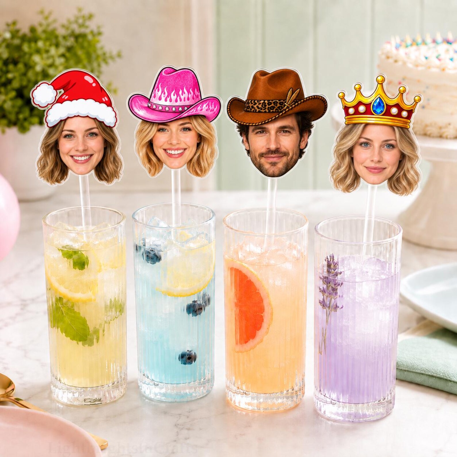 Personalized Photo Face Cocktail Stirrers, Party Hat Drink Decorations (Acrylic)