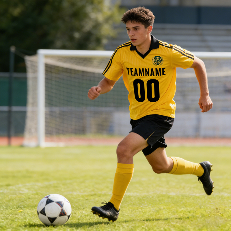 Personalized Made Lapel Soccer Jersey with Yellow Stripes Featuring Custom Team Name Logo Player Name and Number Gift for Soccer Fans