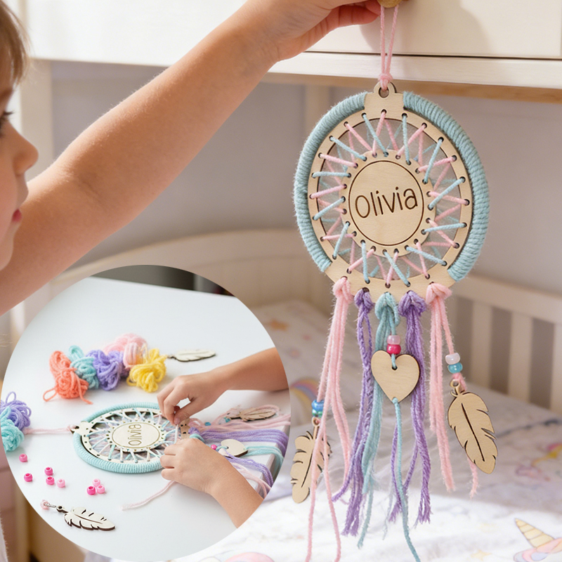 Personalized DIY Dream Catcher Kit for Kids Custom Name Creative Craft with Yarn and Wooden Decorations