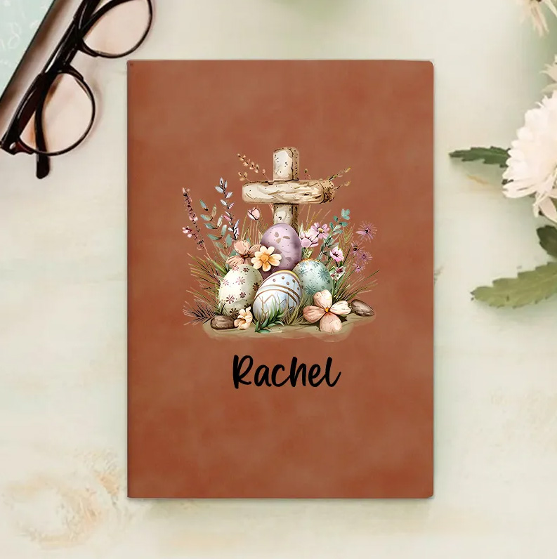 Personalized Floral Cross Easter Eggs Prayer Journal Leather A5 Notebook with Name for Church Bible Study Easter Gift for Family Friends Christian