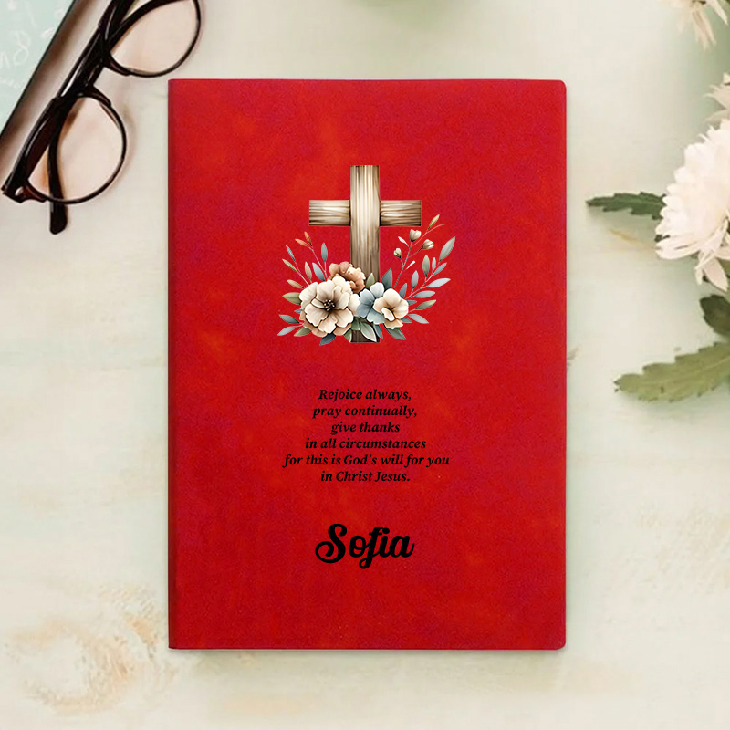 Personalized Floral Cross Bible Verse Prayer Journal Leather A5 Notebook with Name Church Study Birthday Gift Religious Christmas Gift for Christians