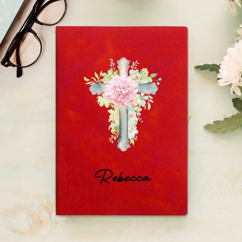 Personalized Watercolor Cross 1-5 Birth Flowers Prayer Journal Leather A5 Notebook with Name for Bible Study Birthday Gift Religious Gift for Women