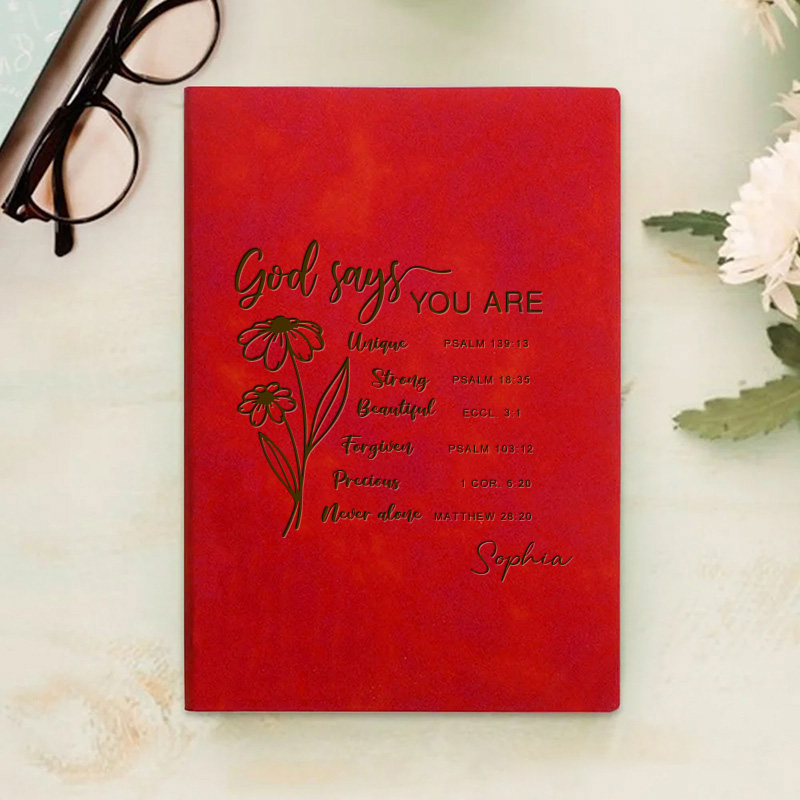 Personalized God Says You are Bible Verse Journal Leather A5 Notebook with Name for Women Flower Christian Gift Religious Gift Affirmations Gift