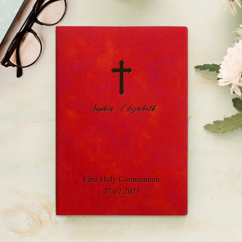Personalized Communion Cross Prayer Journal Leather A5 Notebook with Custom Name Text Date Birthday Prayer Religious Gift for Christians Baptism Gift