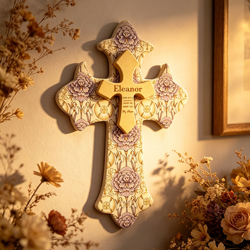 Personalized Wooden Wall Cross Classical Religious Style Hanging Birth Flower Baseball Cross Home Decor A Gift for Mom