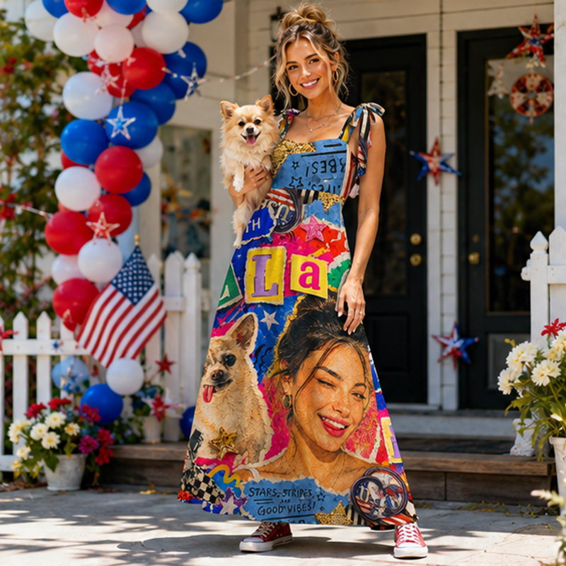 Personalized USA Independence Day Maxi Dress Colorful Graffiti Collage with Custom Photo and Name for USA 250th Anniversary