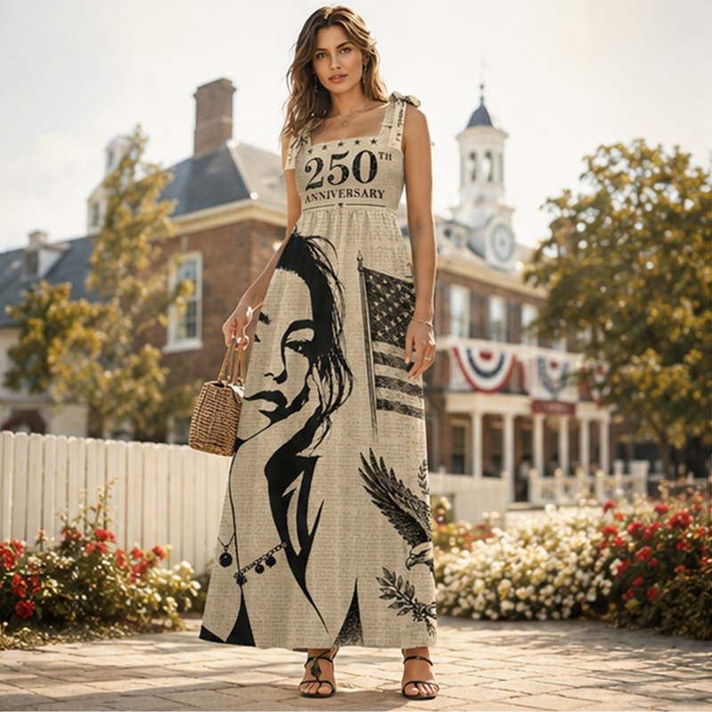 Personalized American 250th Anniversary Maxi Dress Retro Style Spaghetti Strap Custom Photo for Independence Day