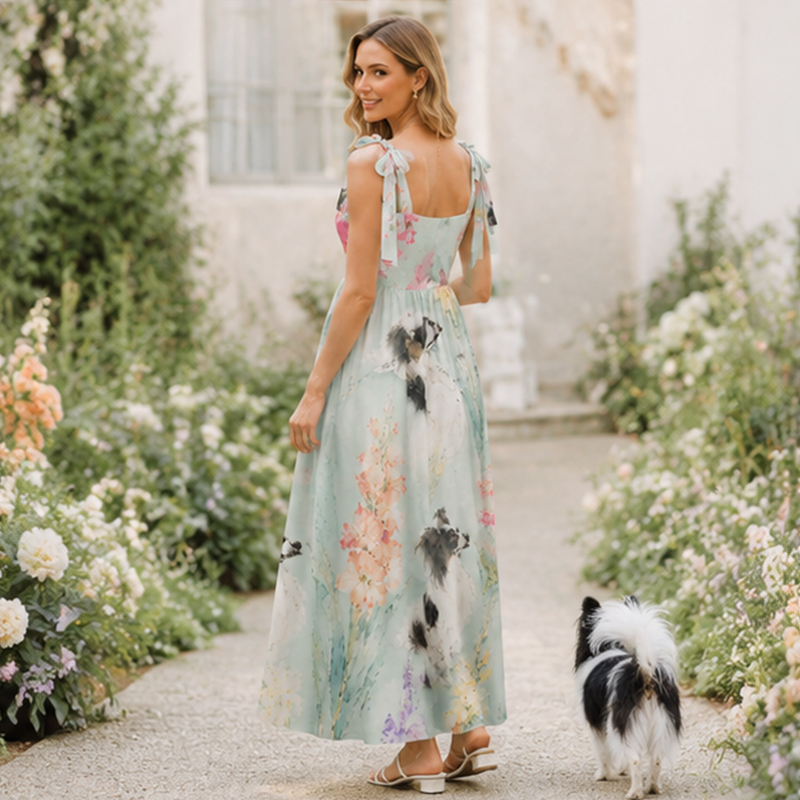 Personalized Floral Maxi Dress Watercolor Print with Custom Birth Flower and Pet Gift for Flowers and Pet Lovers