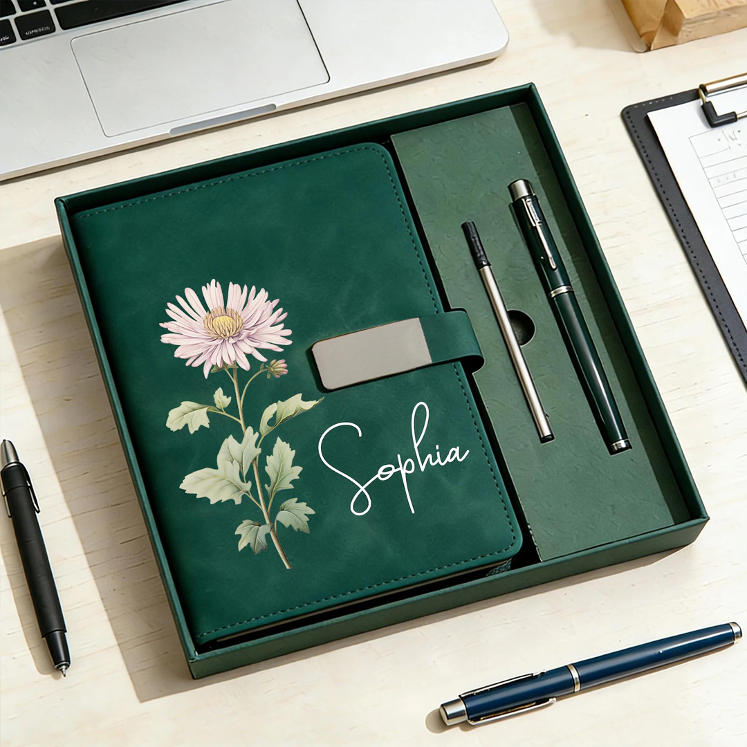 Personalized Birth Flower Notebook & Pen Set Custom Name Leather Journal Gift Birth Month Flower Journal for Women