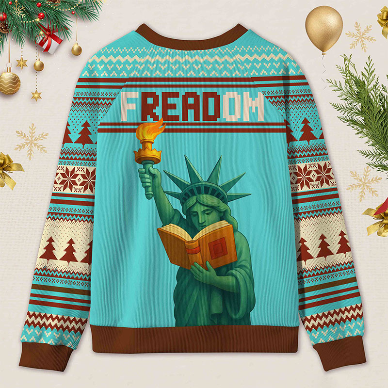 Personalized Reading Freedom Statue Fun Ugly Sweater Holiday Gift for Book Lovers